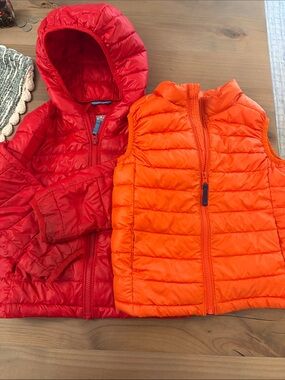 Red Hooded Puffer Jacket & Orange Quilted Vest Set bundle